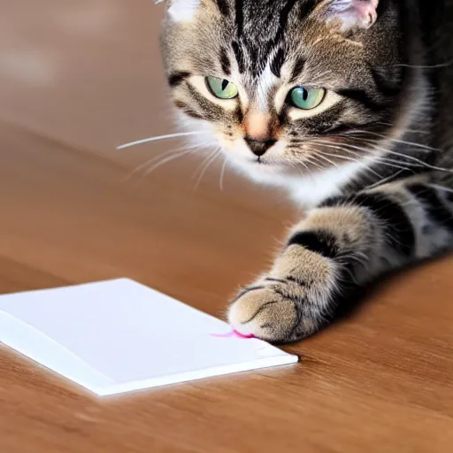 Image similar to a photo of a cat writing the word meow on a notepad