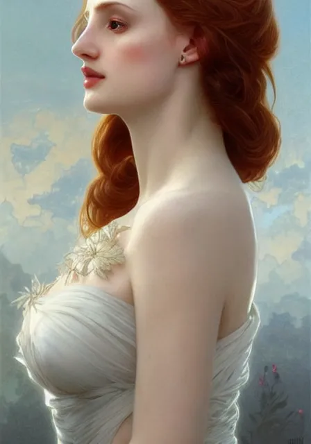 Image similar to sansa angeline jolie gessica chastain white skin, intricate, elegant, highly detailed, digital painting, artstation, concept art, smooth, sharp focus, illustration, art by artgerm and greg rutkowski and alphonse mucha and william - adolphe bouguereau