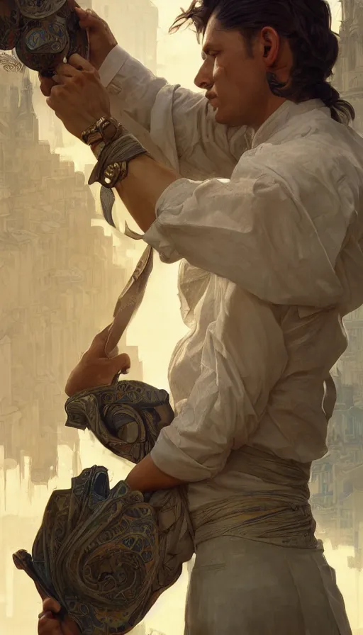 Prompt: tailor on the market, man, sweaty, insane, intricate, highly detailed, digital painting, artstation, concept art, smooth, sharp focus, illustration, Unreal Engine 5, 8K, art by artgerm and greg rutkowski and alphonse mucha