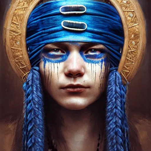 Prompt: A young blindfolded shaman woman with a decorated headband, in the style of heilung, blue hair dreadlocks and wood on her head, atmospheric lighting, intricate detail, cgsociety, ambient light, dynamic lighting, art by karol bak