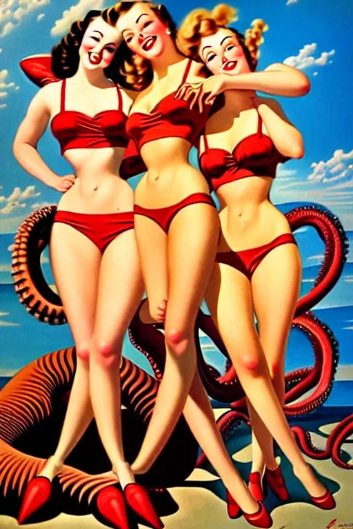 Image similar to 1940s group of pinup bikini girls being hugged by giant octopus, oil painting, by Gil Elvgren