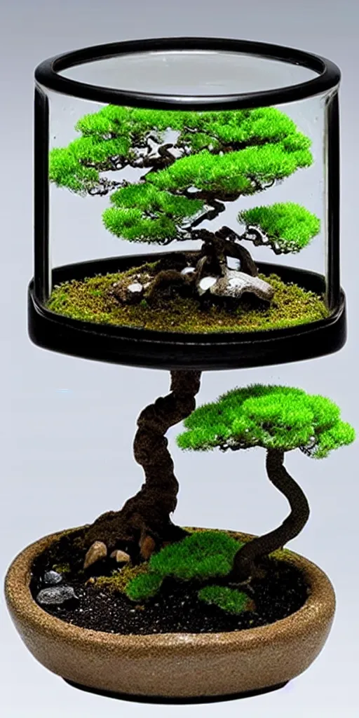 Image similar to a terrarium with bonsai miniature japanese's town minimalist table, lit from the side