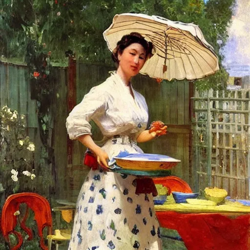 Prompt: a gorgeous housewife putting dishes on a table in the backyard, the table has a parasol, rainy scene, 1 9 5 0's, medium symmetry, by ilya repin, extreme detail, 8 k, intricate abstract, photorealistic