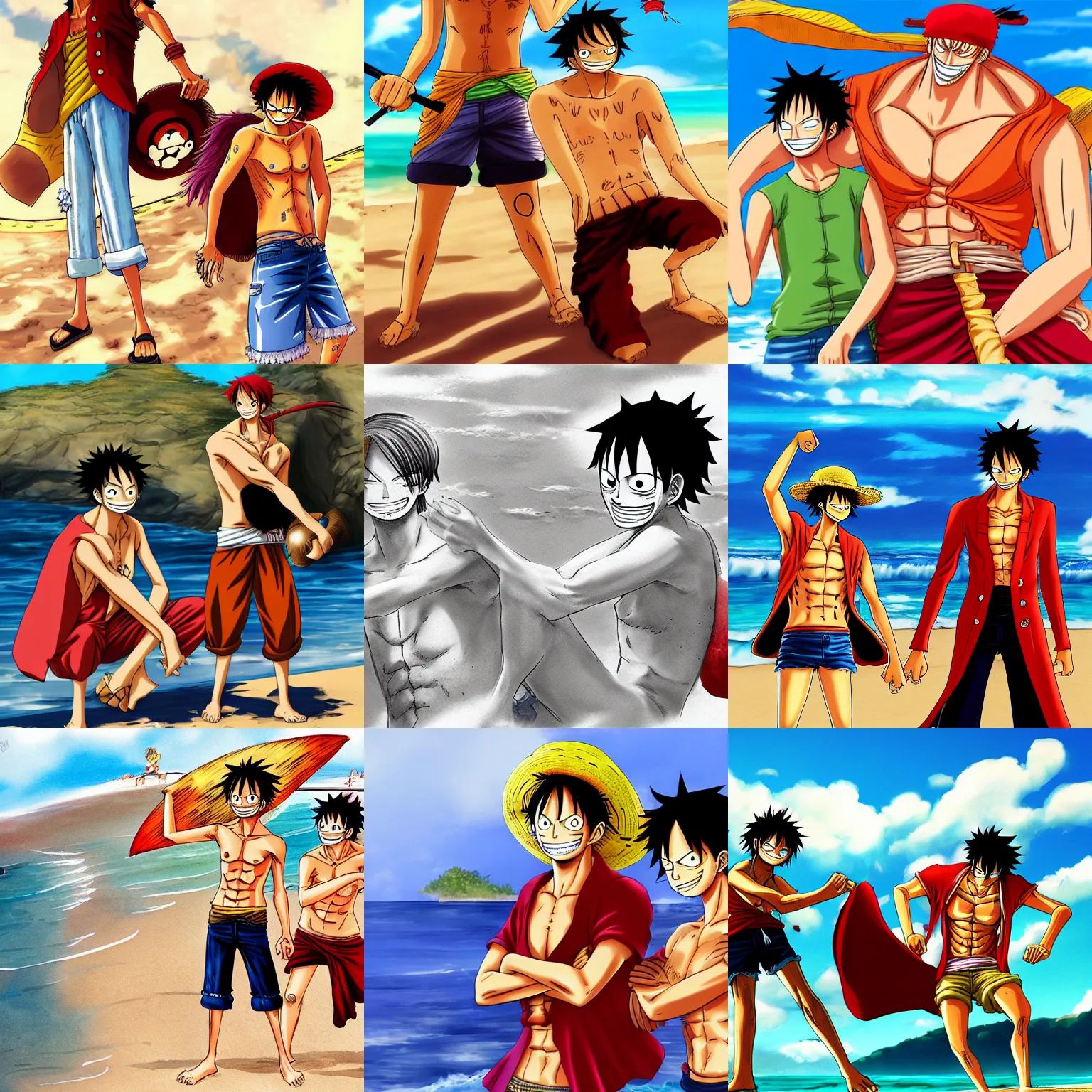 Prompt: luffy and shanks from one piece enjoying a day at the beach, on artstation