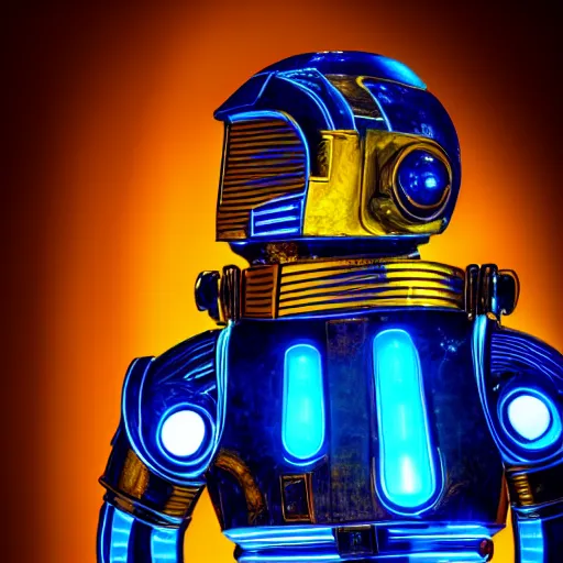 Image similar to portrait of c 3 p 0, blue and yellow glowing lights, highly detailed, 4 k