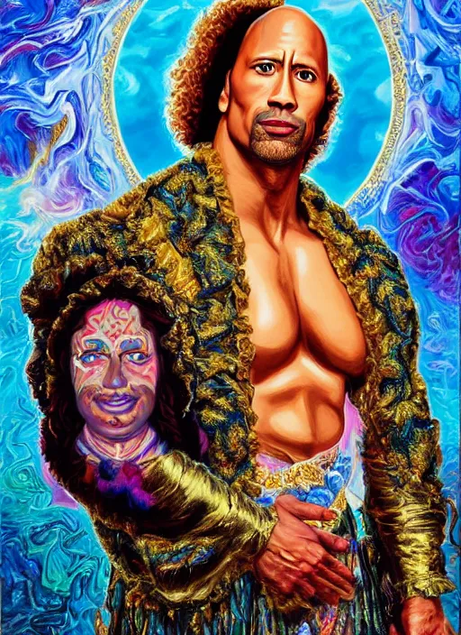 Image similar to beautiful oil painting, full length portrait of Dwayne the rock Johnson as Louis xiv in coronation robes 1701, Dan Mumford, Dan Mumford, Alex grey, Alex grey, highly detailed , lsd visuals, dmt fractal patterns, hallucinogen, visionary art, psychedelic art, ornate, vaporwave