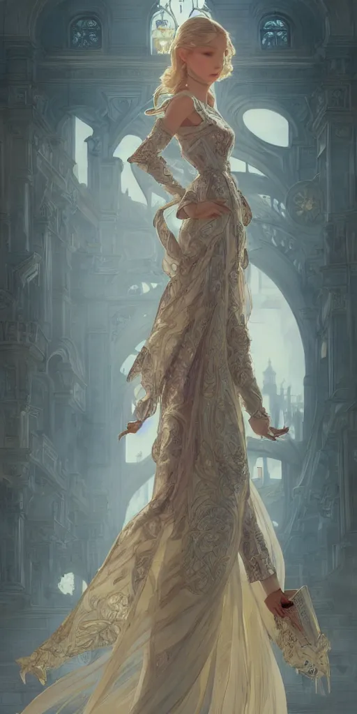 Image similar to sasha luss, mayors daughter, smart, clever, cheeky, elegant fantasy dress, town hall, intricate, highly detailed, digital painting, artstation, concept art, smooth, sharp focus, illustration, Unreal Engine 5, 8K, art by artgerm and greg rutkowski and alphonse mucha, by Jesper Ejsing