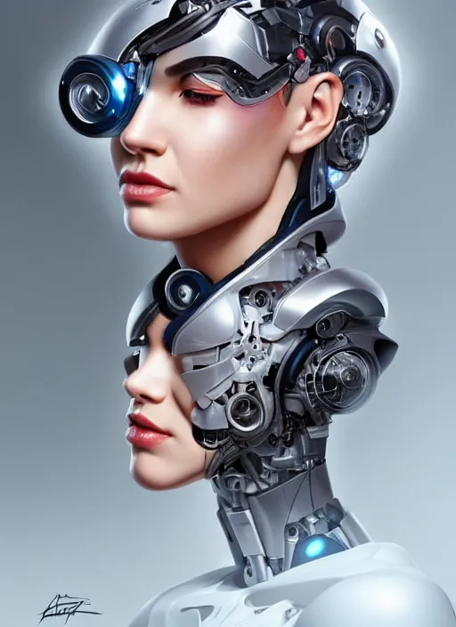 Image similar to portrait of a cyborg woman who turns her head to the ((((((right))))) left+330 (((((up))))) (((((down))))) by Artgerm,eyes closed , biomechanical, hyper detailled, trending on artstation