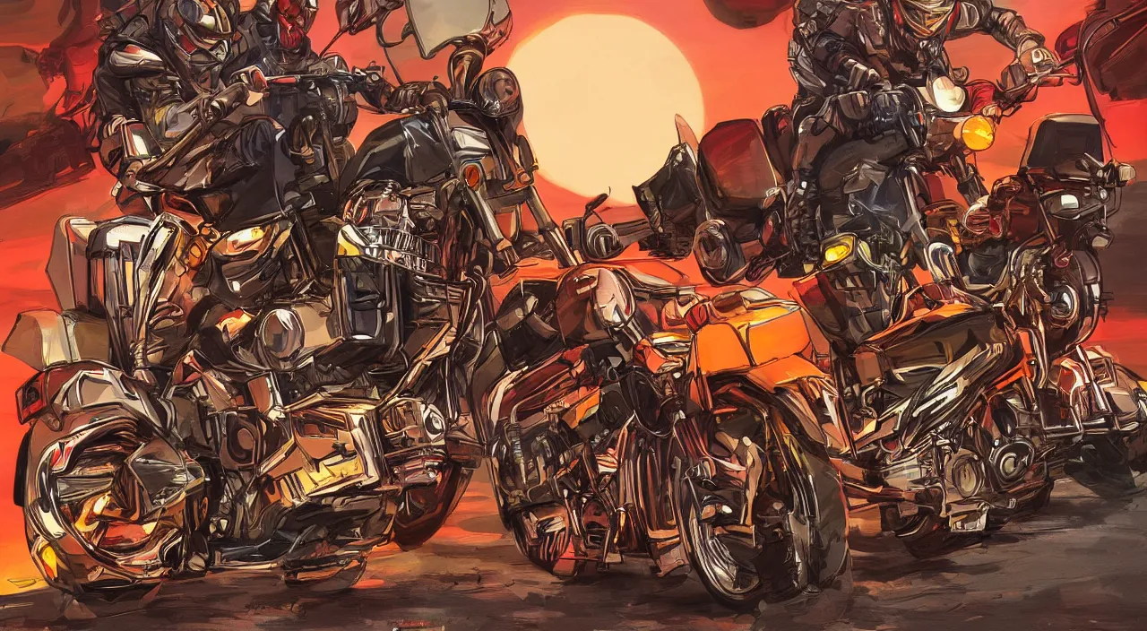 Prompt: motorcycles parked outside gas station south west sunset beautiful artstation 4 k breathtaking concept art illustration cartoon by jack kirby