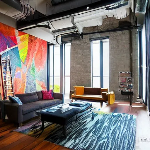 Image similar to trendy downtown loft with modern murals on the wall, contemporary art, and patterns, interior design, beautiful architecture