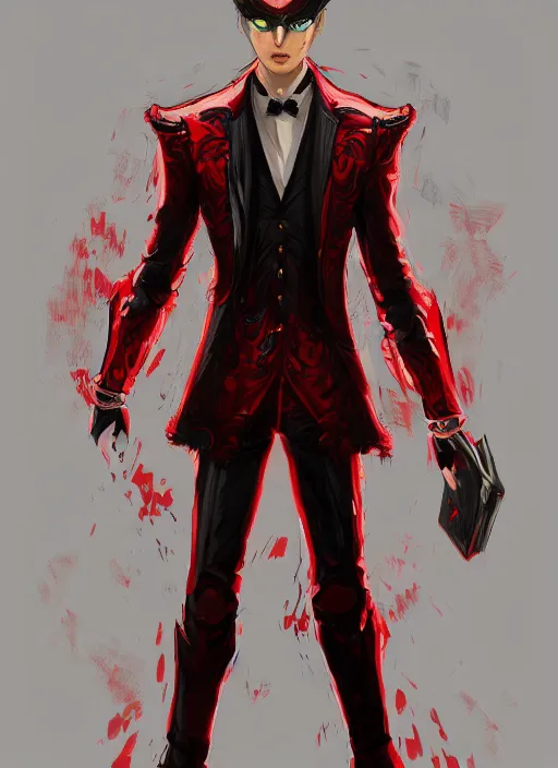 Image similar to a highly detailed illustration of short wavy haired man wearing masquerade and red and black suit, dramatic standing pose, intricate, elegant, highly detailed, centered, digital painting, artstation, concept art, smooth, sharp focus, league of legends concept art, wlop