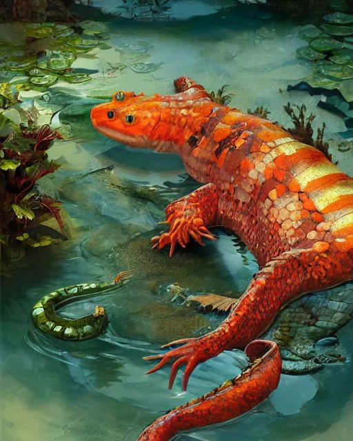 Image similar to game character beautiful giant kaiju sized pond serpent half fish half salamander, wet amphibious skin, red salamander, axolotl creature, koi pond, korean village by Ruan Jia and Gil Elvgren, fullbody