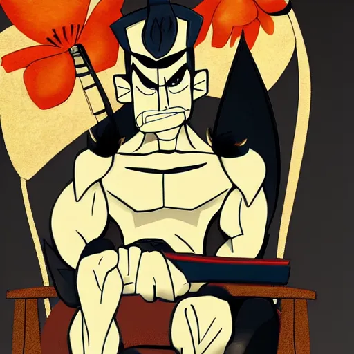 Image similar to samurai jack on a chair, thinking about life, flowers around, hyper realistic, anime style, digital art inspired from the cartoon