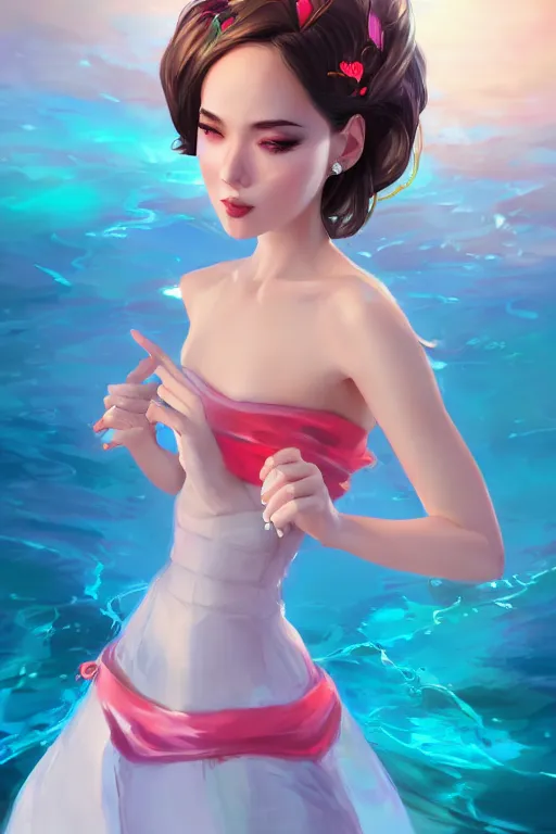 Image similar to a beautiful fashion goddness of love, chic strapless dress, tropical sea background, character design, in the style of artgerm, and wlop, cinematic lighting, hyperdetailed, 8 k realistic, symmetrical, global illumination, radiant light, frostbite 3 engine, cryengine, dof, trending on artstation, digital art