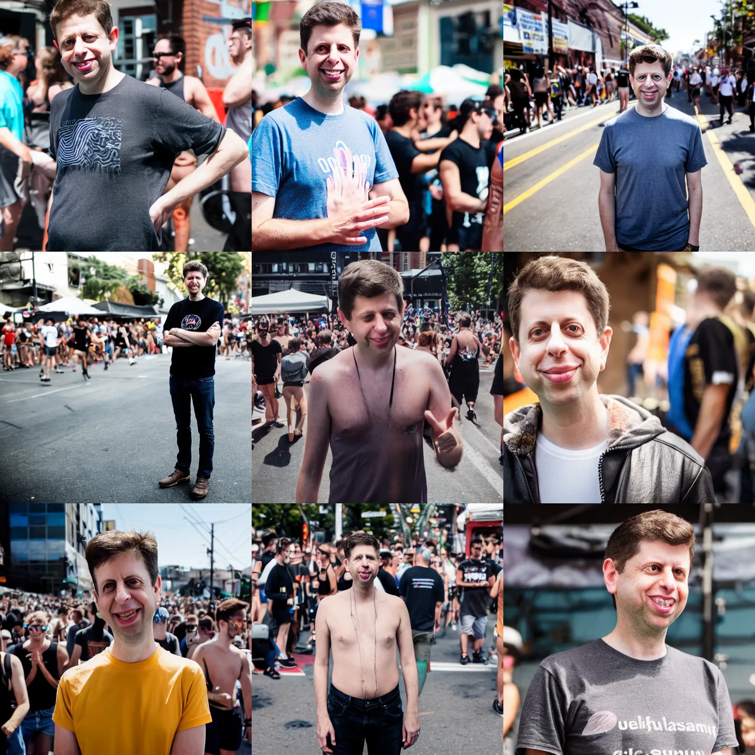 Prompt: Photo of Sam Altman, OpenAI CEO, at Folsom Street Fair, by Anne Liebovitz, 85mm f/1.4