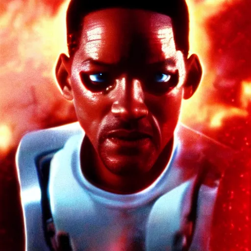 Image similar to film still of will smith as the terminator (1984 film),glowing red eyes, half exposed exoskeleton face, half cyborg, film grain, insanely detailed, 4k, photorealistic, hd