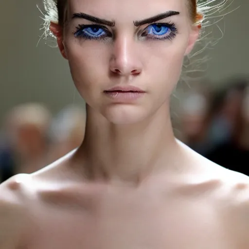 Image similar to her eyebrows were a shade darker than her hair. they were thick and almost horizontal, emphasizing the depth of her eyes. her face was captivating by reason of a certain frankness of expression and a contradictory subtle play of features. her manner was engaging. blue eyes, full body shot, walking on a fashion runway, 8 k,