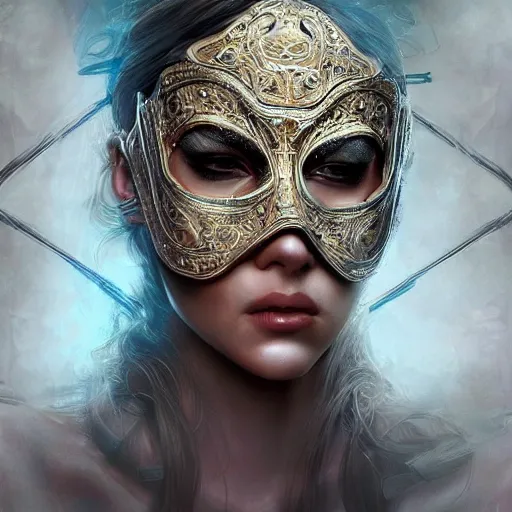 Image similar to Very very very very highly detailed epic photo of face with venetian mask, intricate, dystopian, sci-fi, extremely detailed, digital painting, artstation, concept art, smooth, sharp focus, illustration, intimidating lighting, incredible art by Artgerm