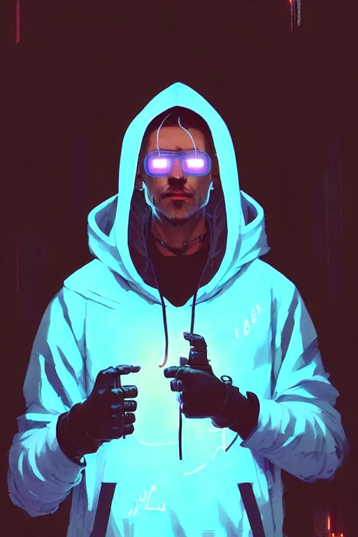 Prompt: cyberpunk synth, hyper - realistic portrait of a man in a hoodie, cyberpunk, by atey ghailan, by greg rutkowski, by greg tocchini, by james gilleard, by joe fenton, by kaethe butcher, dynamic lighting, gradient light blue, brown, blonde cream and white color scheme, grunge aesthetic