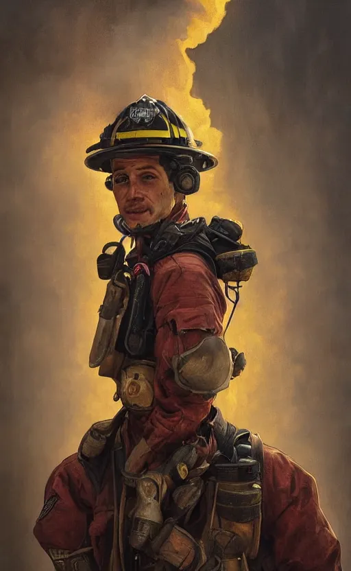 Image similar to portrait of a male firefighter wearing a firefighter suit, bruised, covered in dirt, confident and proud, intricate, headshot, highly detailed, digital painting, artstation, concept art, sharp focus, cinematic lighting, illustration, art by artgerm and greg rutkowski, alphonse mucha, cgsociety