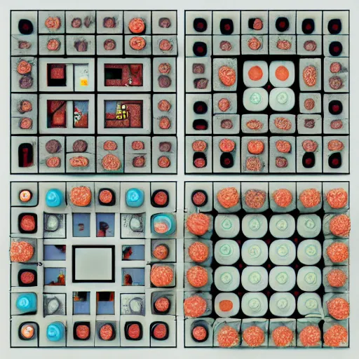 Prompt: composition of nine square boxes with different microbionts, diorama, front view, light mode, led lamps, coral reef, octane render, kazimir malevich