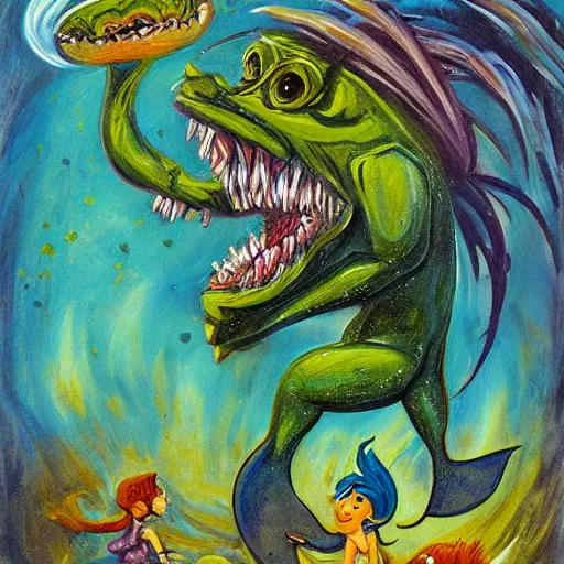 Prompt: painting of an underwater goblin with huge teeth chasing a mermaid in the style of expressionism