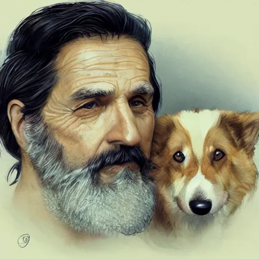 Image similar to close up portrait of a old, ruggedly handsome bearded man holding corgi dog, soft hair, muscular, half body, cloth, d & d, fantasy, intricate, elegant, highly detailed, digital painting, artstation, concept art, smooth, sharp focus, illustration, art by artgerm and greg rutkowski and alphonse mucha