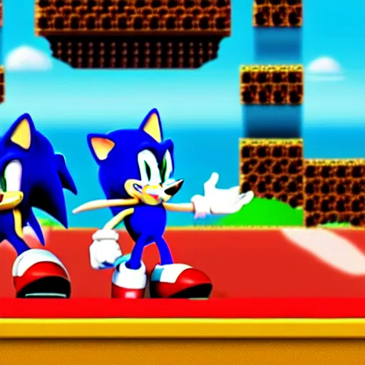 Image similar to film still of sonic the hedgehog and super mario fighting to tye death