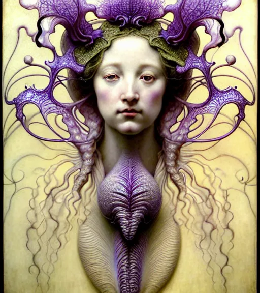 Image similar to beautiful young orchid fairy detailed realistic porcelain face portrait by jean delville, gustave dore, iris van herpen and marco mazzoni, art forms of nature by ernst haeckel, art nouveau, symbolist, visionary, gothic, neo - gothic, pre - raphaelite, fractal lace, intricate alien botanical biodiversity, surreality, hyperdetailed ultrasharp octane render