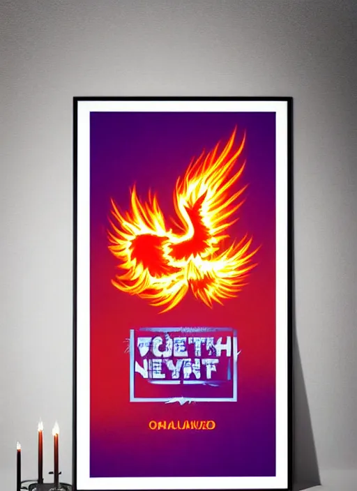 Image similar to white phoenix on salt crystals simple background simplified stylised poster art neat graphic design style holistic on orange and purple flames