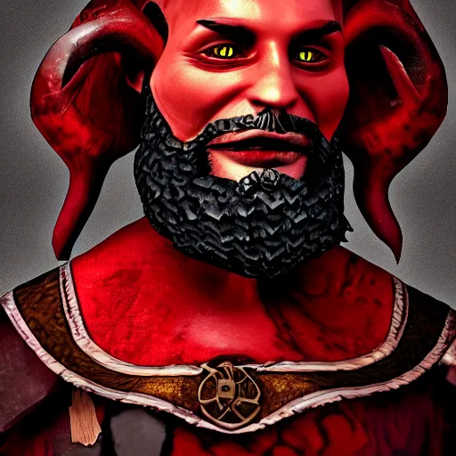 Image similar to dnd render of a man, red, a big black beard, golden eyes, 2 curved horns, one broken horn,