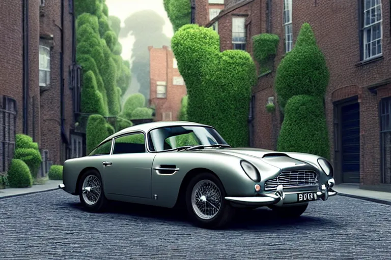 Image similar to a wholesome animation key shot of one short - wheelbase aston martin db 5, in a rich london mews residential street, waist height, medium range, studio ghibli, ( pixar ) and disney animation, sharp, very detailed, unreal engine 5 render, bloom, high resolution, anime key art by greg rutkowski