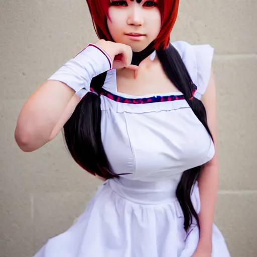 Prompt: a high definition photo of a cosplayer with twin tails, wearing white dress, symmetric and beautiful face, photo taken with Sony a7R