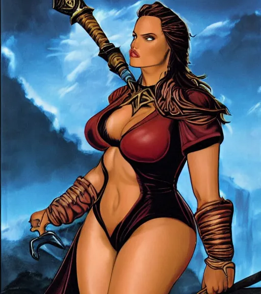 Image similar to 1 9 8 0 s fantasy novel book cover, bbw plus size amazonian angelina jolie in extremely tight bikini armor wielding a cartoonishly large sword, exaggerated body features, dark and smoky background, low quality print