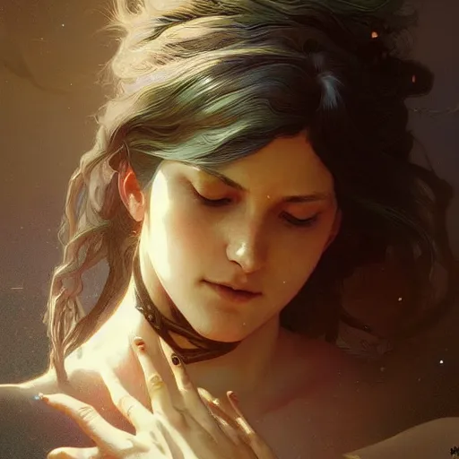 Image similar to spiritual awakening, in the universe, digital painting, artstation, artgerm and greg rutkowski and alphonse mucha, cgsociety, insanely detailed, intricate, beautiful