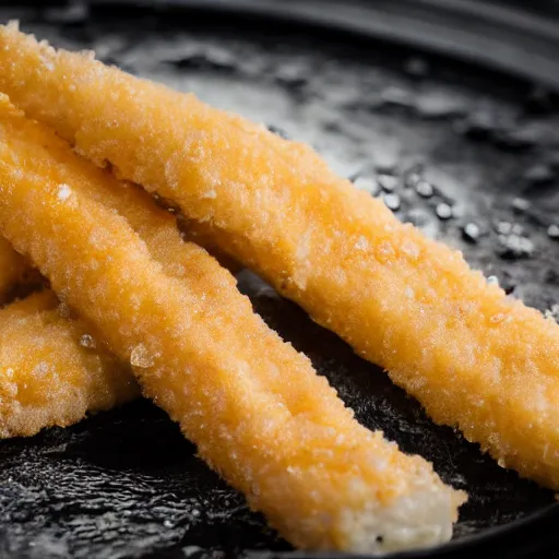 Image similar to Soaking wet soggy fish stick drenched with a stream water from a faucet on a moist wet plate. Very wet delicious crusty fish sticks. Macro lens close up 4K food commercial shot