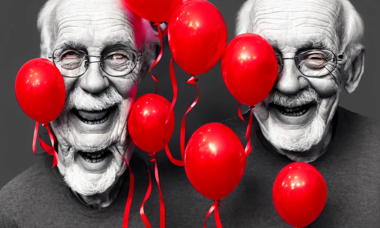 Image similar to waist up portrait of smiling old man with red balloons, highly detailed, digital painting, concept art, smooth, sharp focus, epic composition, award winning photography, gothic art, artstation, concept art, smooth and sharp focus, beautiful render, art by artgerm and wlop