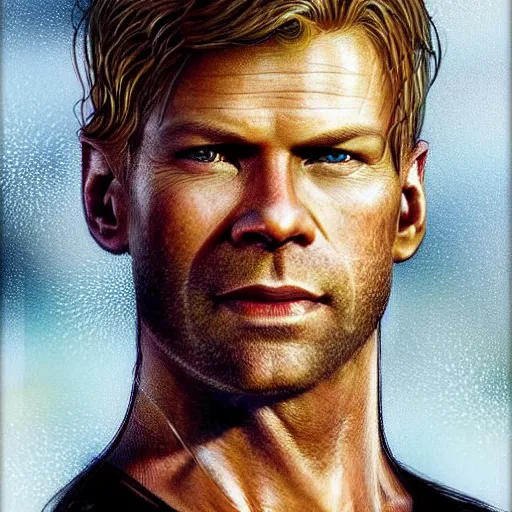 Image similar to A combination of Bruce Willis's and Neil Patrick Harris's and Eric Christian Olsen's faces as Aiden Caldwell character from Dying Light 2 Stay Human, western, D&D, fantasy, intricate, elegant, highly detailed, digital painting, artstation, concept art, matte, sharp focus, illustration, art by Artgerm and Greg Rutkowski and Alphonse Mucha