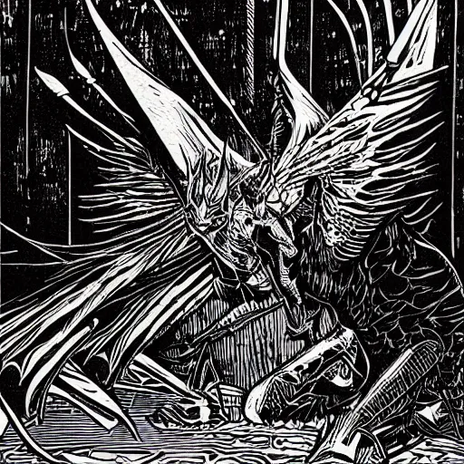 Image similar to woodcut of vampire with wings by Dan Mumford and Josan Gonzalez. Wearing leather and spikes. Very detailed linework