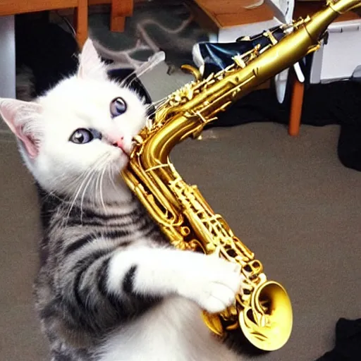 Image similar to cat jamming on the saxophone