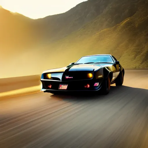 Prompt: black pontiac firebird trans - am driving towards the camera, mountain, valley, breathtaking mountains, lake, dynamic, sunrise, cinematic, motionblur, sunbeams, volumetric lighting, wide shot, low angle, mind flayer, lightning