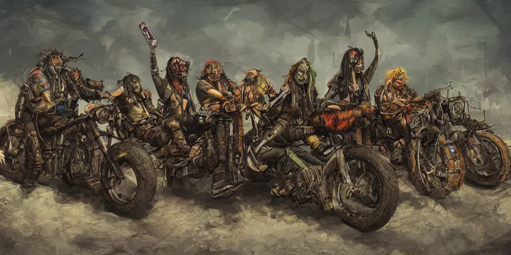 Image similar to psychedelic post-apocalyptic orcish motorcycle gang, featured on artstation