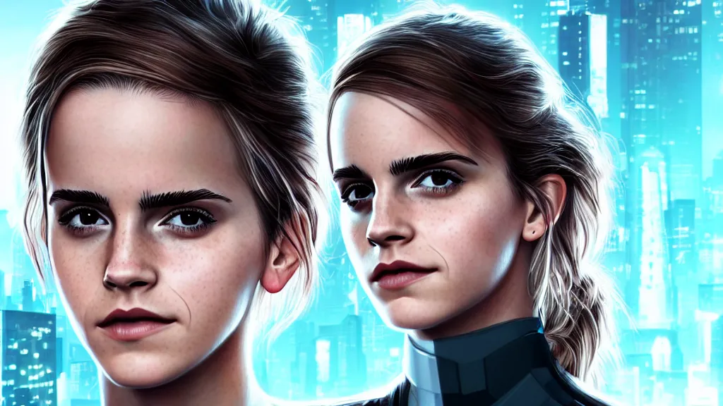 Prompt: Emma Watson, head and shoulders portrait, the background is a huge futuristic city, cyberpunk style futuristic neon lights, artstation cgsociety masterpiece highly-detailed