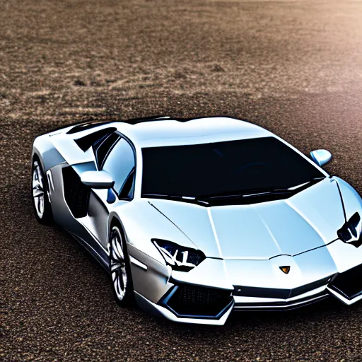 Image similar to A beautiful silver Lamborghini aventador on the beach, 8k, ray tracing