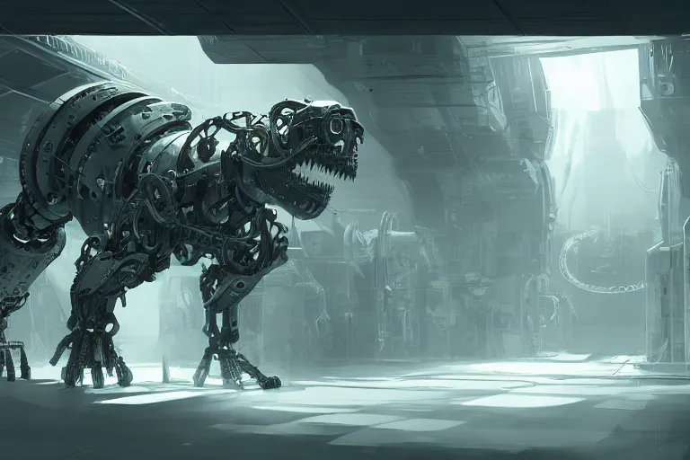 Image similar to robosaurus parallax datacenter server room interior single mono colossus white rusty robot sitting artstation cinematic detailed concept art volumetric light sharp coherent cgsociety symmetric perfect well balanced shadows lotr technogoddess simonetti