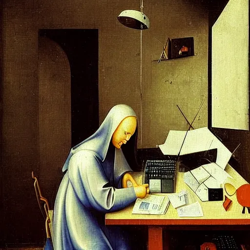 Image similar to a computer hacker working at his desk by hieronymus bosch, highly detailed, realistic