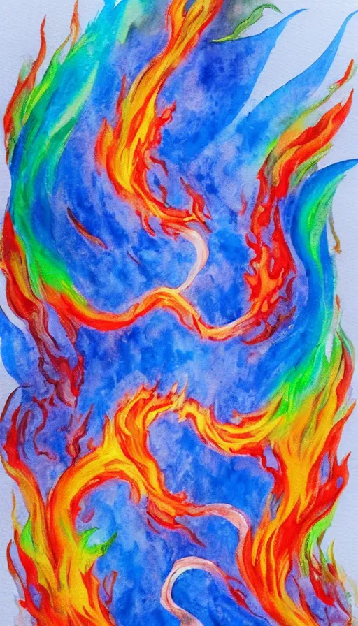 Image similar to water color painting of fire and water mixing together, conveying a sense of balance inspired by the Temperance tarot card, smooth brush strokes