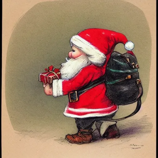 Prompt: a cute gnome wearing a santa outfit and backpack filled with coal + a mouse sits on the backpack + by jean baptiste monge