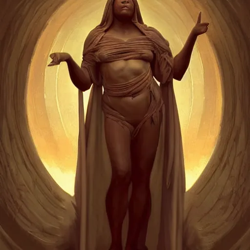 Prompt: queen latifah as an angel standing in the front of gates of hell. angel is draped with bones. digital painting. art station. mood lighting. skindness, highly detailed, concept art, intricate, sharp focus, einar jonsson and bouguereau - h 1 2 0 0