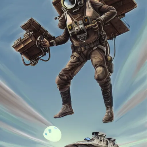 Image similar to A dieselpunk jetpack trooper on the deck of an airship, digital painting, detailed, artstation